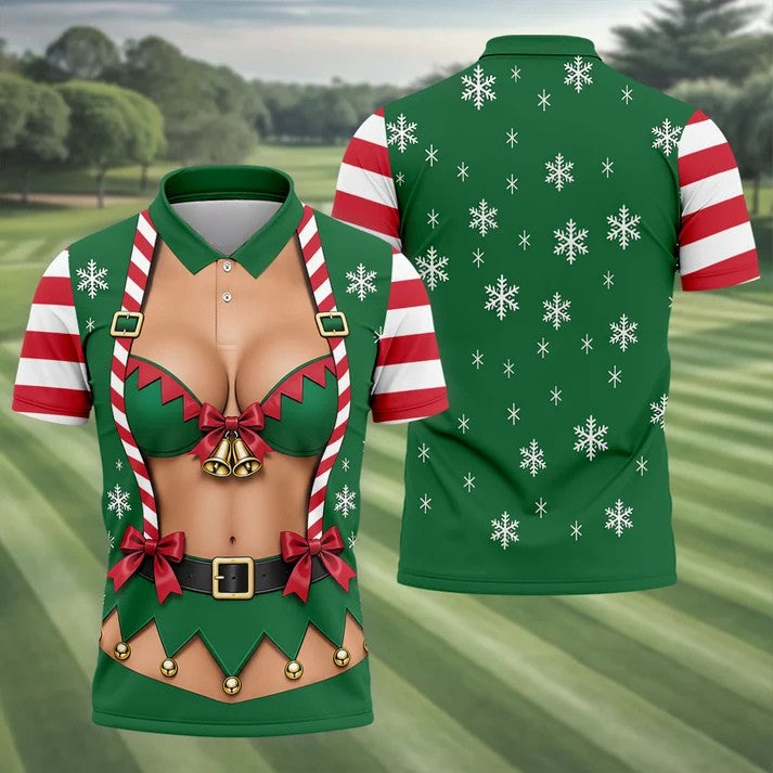 Green Elf Bikini Christmas Golf Polo, Golf Shirts For Men, Long Sleeve Polo Shirts