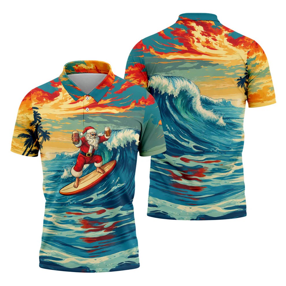 Tropical Surfing Santa Sunset Christmas Golf Shirt, Men's Golf Shirt, Hawaiian Golf Shirt