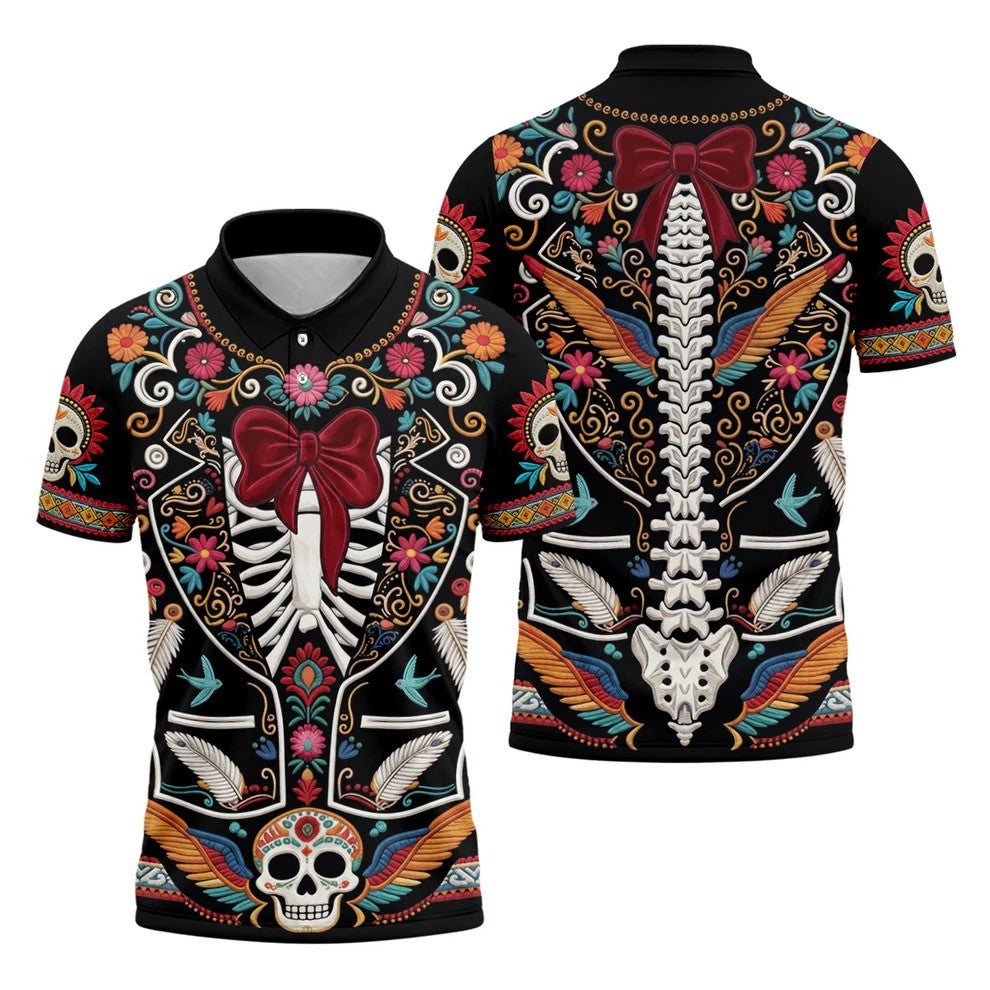 Skeleton With Flower Cinco De Mayo Celebration Golf Tops For Men, Fiesta Theme Golf Shirts For Men