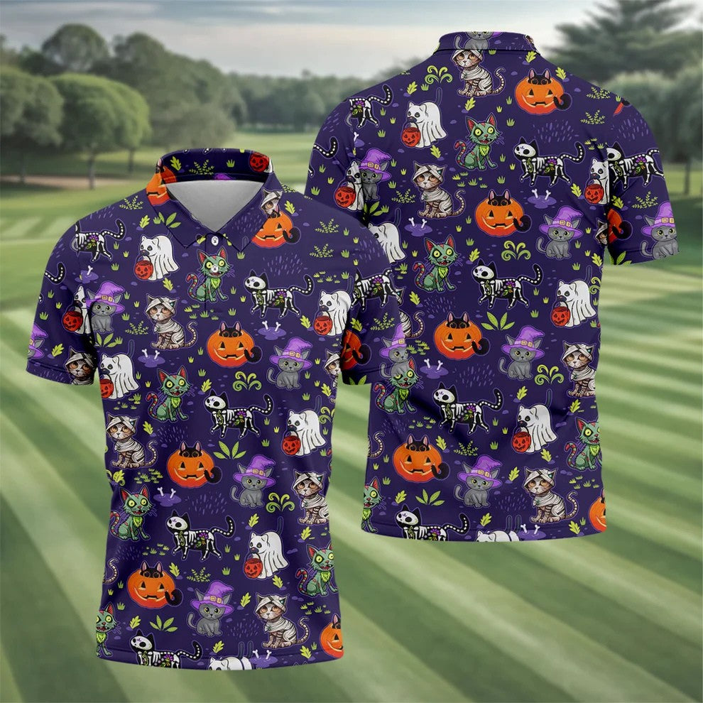 Purple Halloween Cats And Pumpkin Fun Men's Golf Polos, Cute Golf Outfit, Polo ShirtFor Men