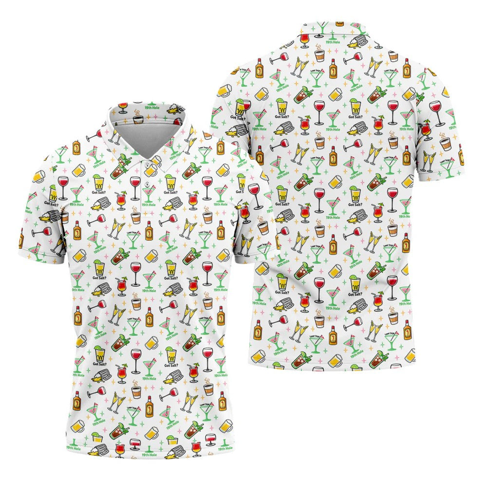 19th Hole Cocktail Drinks Pattern Golf Shirt, Mens Golf Polo, Printed Golf Shirts