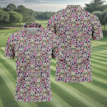 Colorful Sugar Skull Floral Golf Polo Shirt, Hawaiian Golf Shirt, Golf Polo Shirts For Men