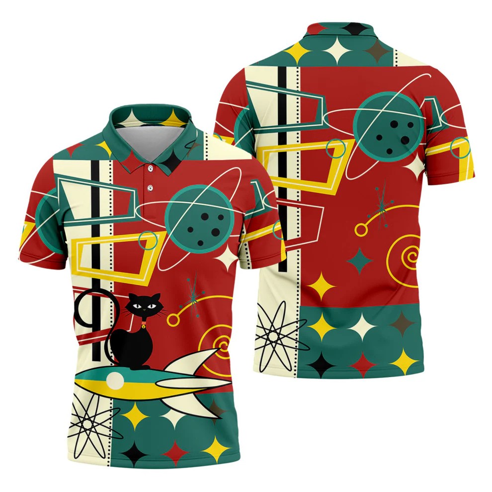 Geometric Abstraction Atomic Cat Hawaiian Golf Shirt, Retro Golf Shirt, Polo Shirts For Men