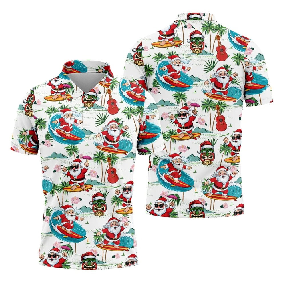 Tropical Christmas Surfing Santa Golf Polo Shirt, Mens Golf Polo, Golf Apparel For Men