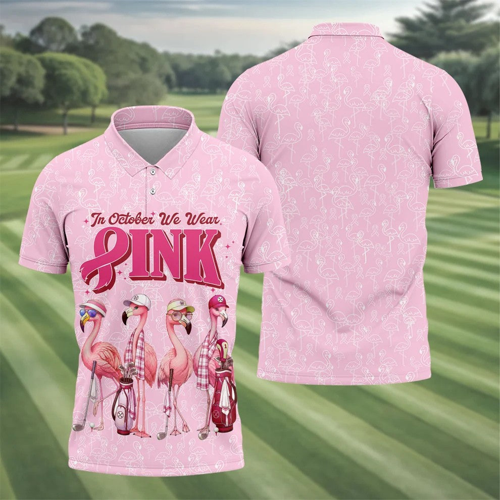 In October We Wear Pink Flamingo Breast Cancer Polo, Golf Shirts For Men, Mens Golf Polo
