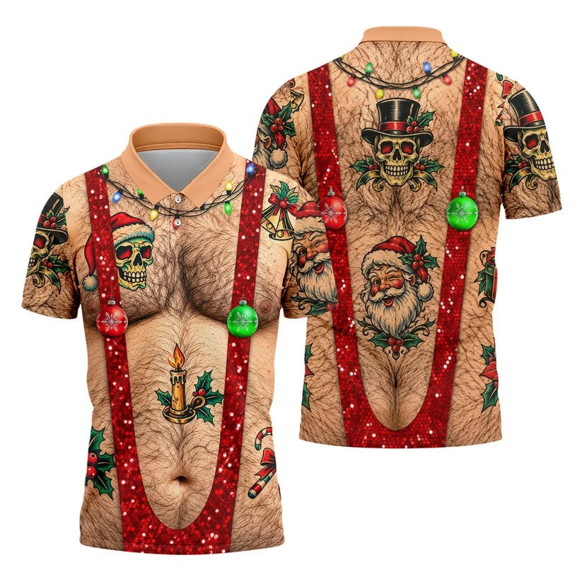 Santa Skull Hairy Chest Christmas Golf Shirt, Mens Golf Polo, Golf Shirts For Men
