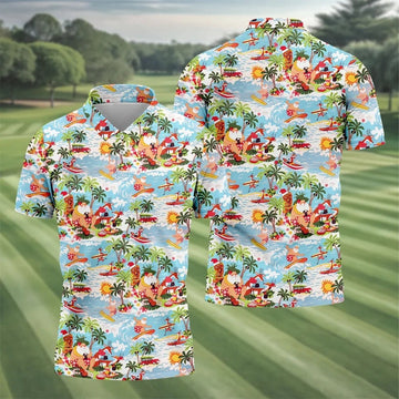 Surfing Santa Tropical Christmas Golf Shirt, Beach Reindeer Holiday Polo, Hawaiian Golf Shirt, Printed Golf Shirts