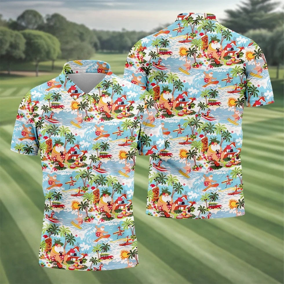 Surfing Santa Tropical Christmas Golf Shirt, Beach Reindeer Holiday Polo, Hawaiian Golf Shirt, Printed Golf Shirts