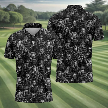 Horror Character Villains Pattern Golf Polo Shirt, Men's Golf Shirt, Hawaiian Golf Shirt
