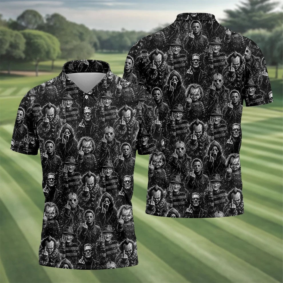 Horror Character Villains Pattern Golf Polo Shirt, Men's Golf Shirt, Hawaiian Golf Shirt