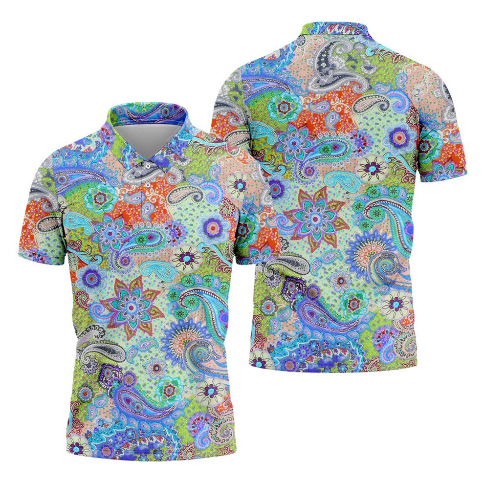 Colorful Boho Paisley Floral Pattern Golf Polo, Hawaiian Golf Shirt, Golf Apparel For Men