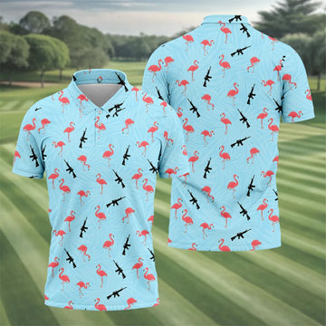 Light Blue Flamingo Pattern Golf Polo Shirt, Men's Golf Shirt, Golf Polo Shirts For Men