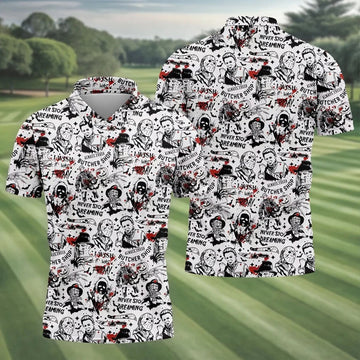 Classic Horror Character Collage Halloween Polo Shirt, Men's Golf Shirt, Mens Golf Apparel