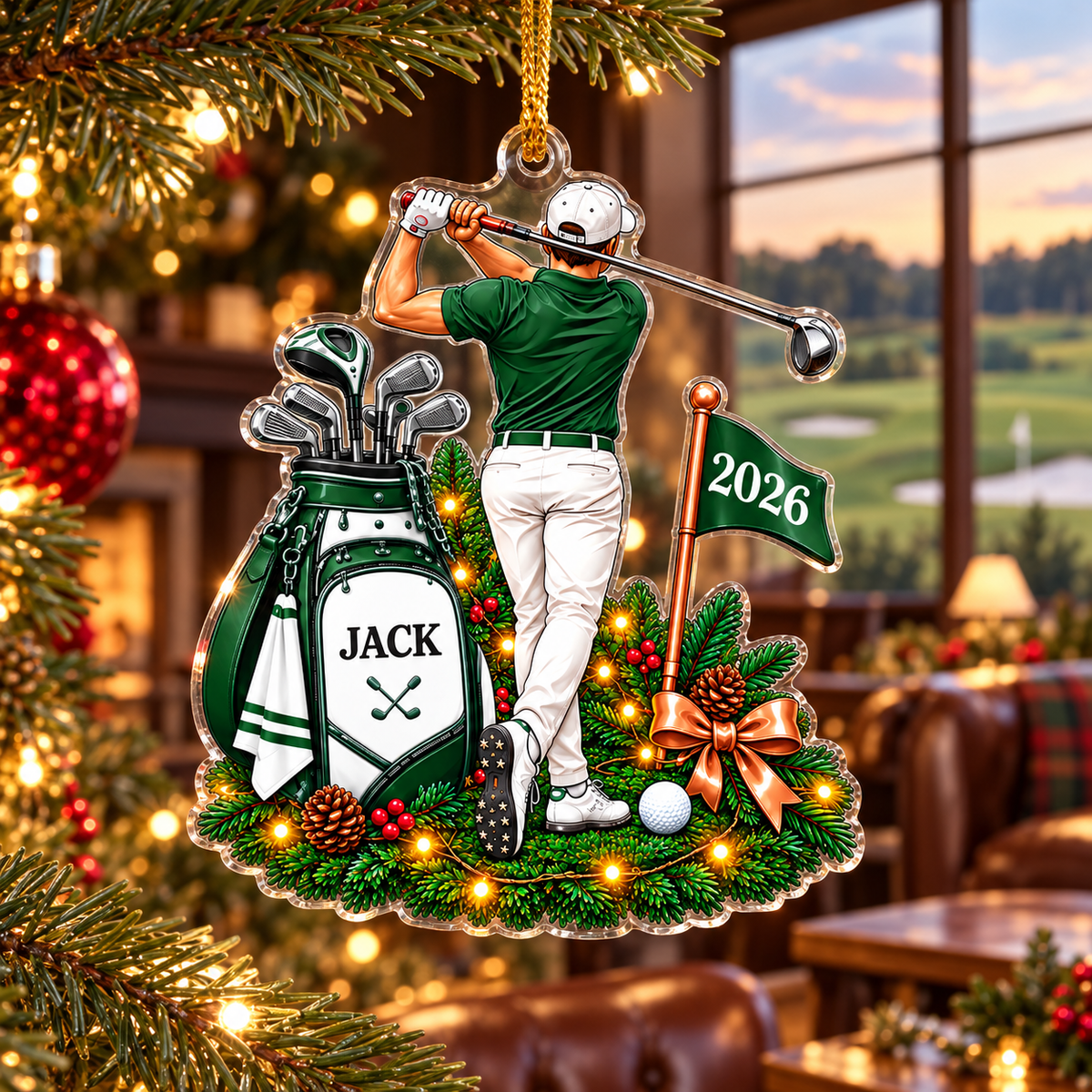 Custom Name Green Male Golfer Acrylic Ornament, Christmas Ornaments, Golf Gifts