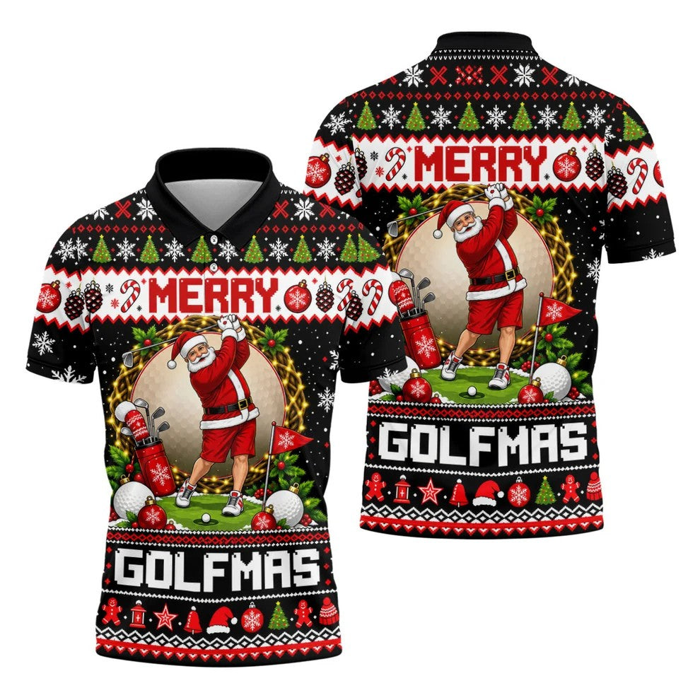 Merry Golfmas Santa Christmas Golf Shirt, Mens Golf Apparel, Mens Holiday Golf Shirts