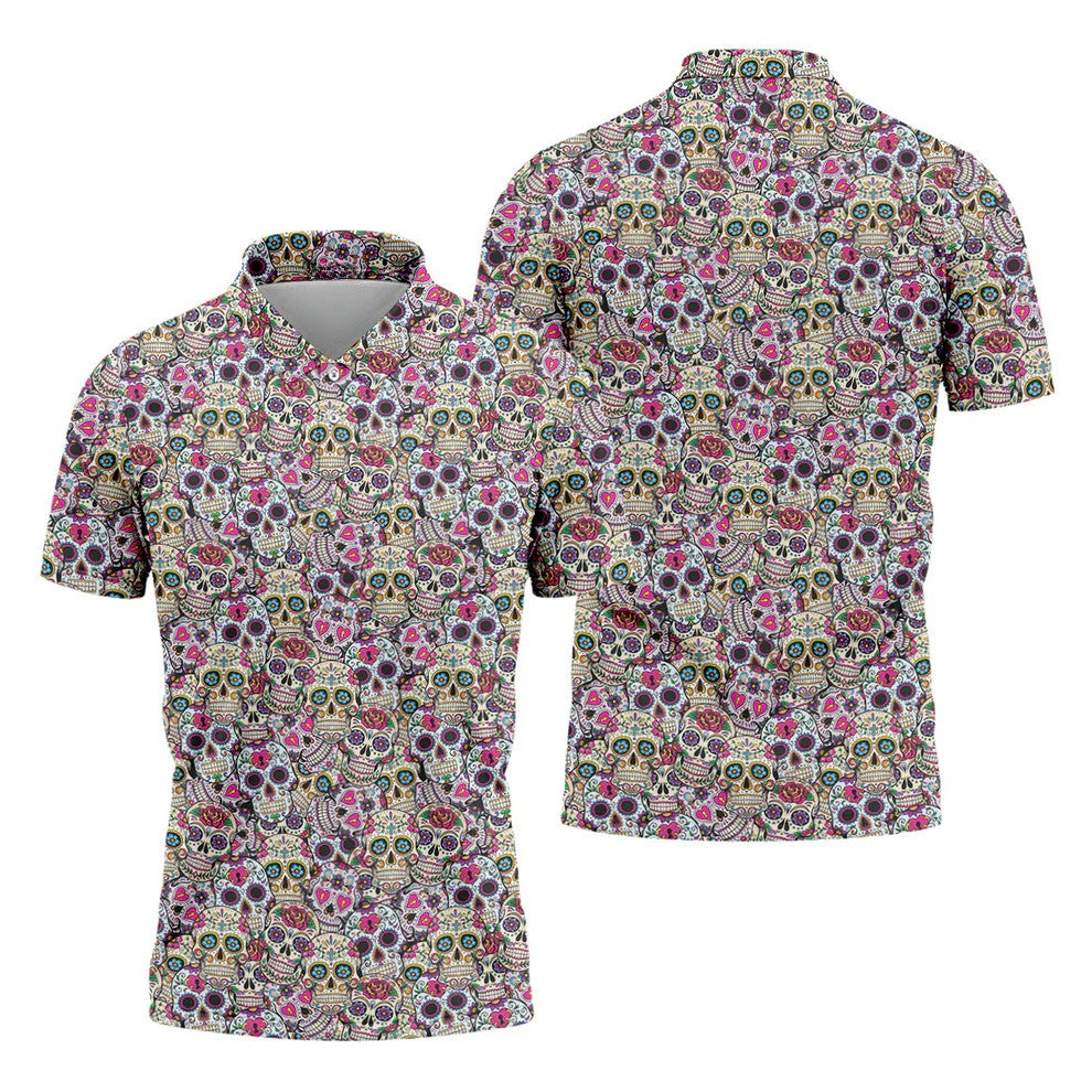 Colorful Sugar Skull Floral Golf Polo Shirt, Hawaiian Golf Shirt, Golf Polo Shirts For Men