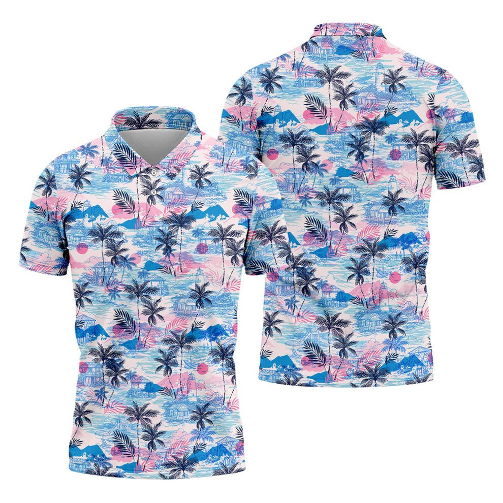 Tropical Island Sunset Pink And Blue Hawaiian Golf Shirt, Polo Shirts For Men, Golfing Apparel