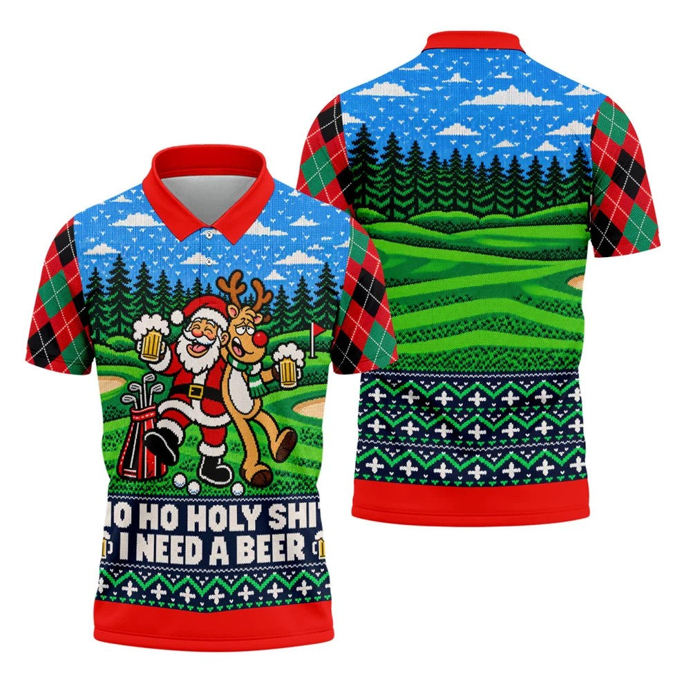 Santa Reindeer Beer Christmas Golf Shirt, Golf Shirts For Men, Mens Golf Apparel