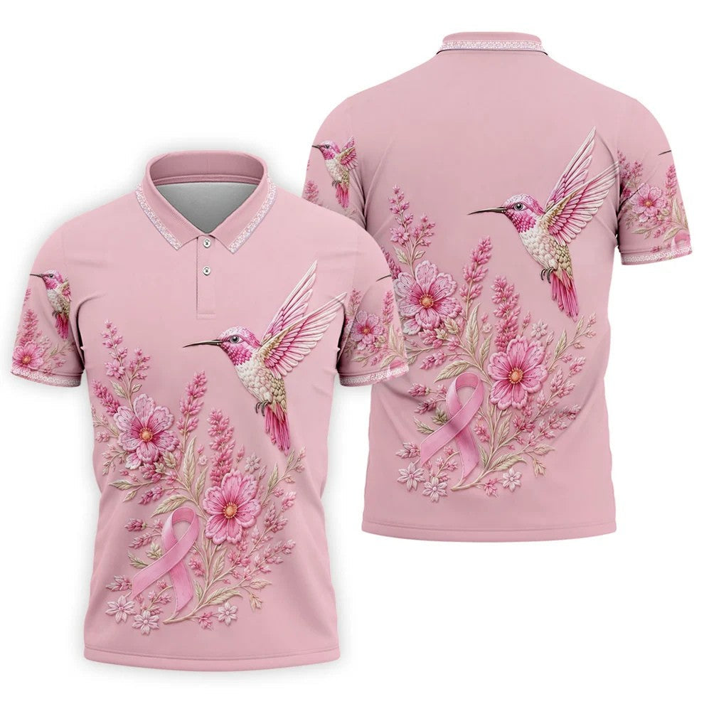 Hummingbird Floral Breast Cancer Ribbon Polo Shirt, Mens Golf Polo, Golf Apparel For Men