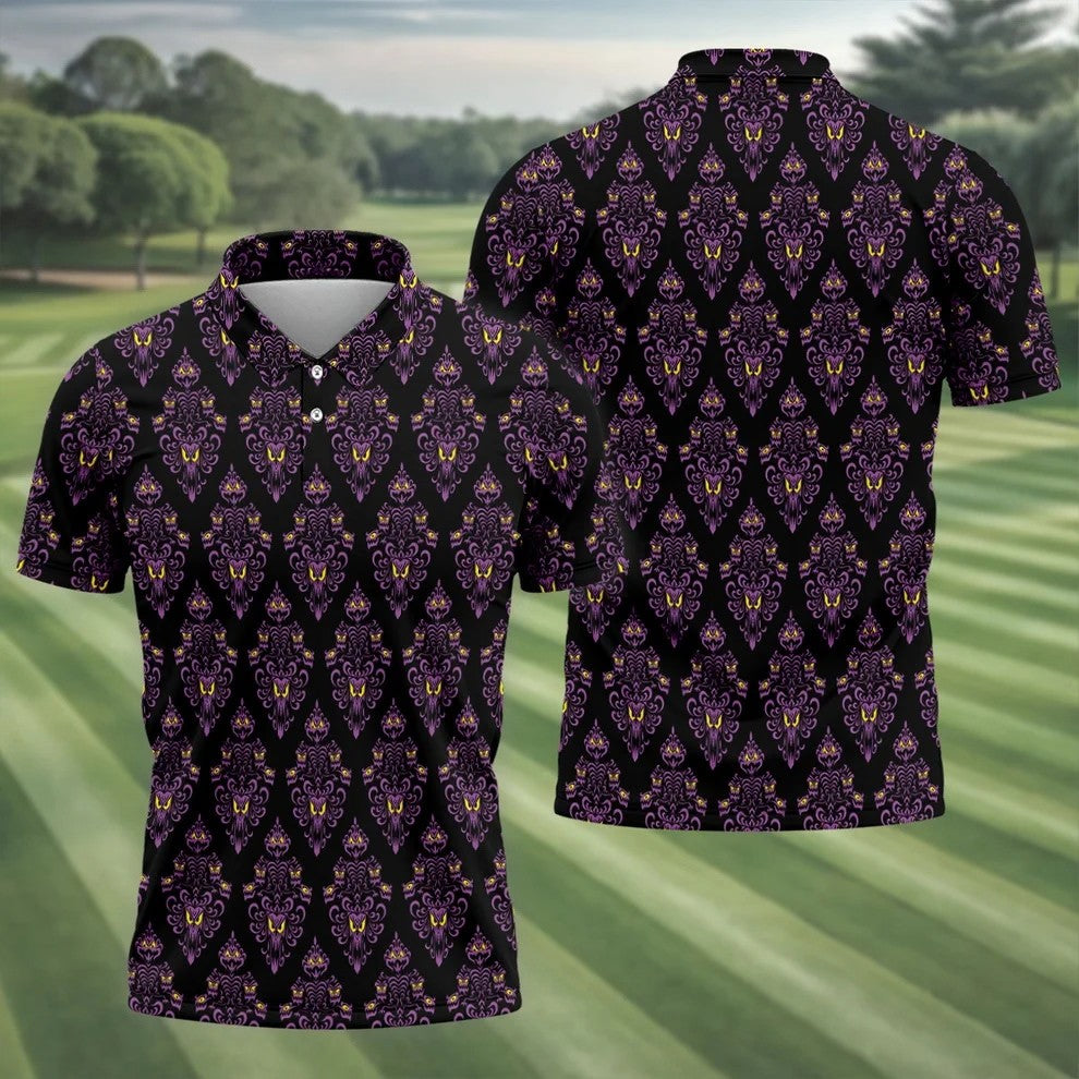 Purple Haunted Demon Faces Halloween Polo Shirt, Printed Golf Shirts, Golf Apparel For Men