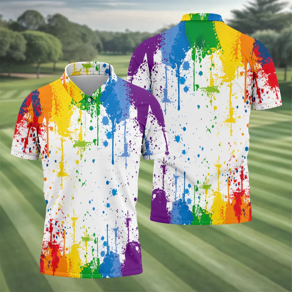 Rainbow Paint Splatter LGBT Support Golf Tops For Men, Pride Month Golf Shirts For Men