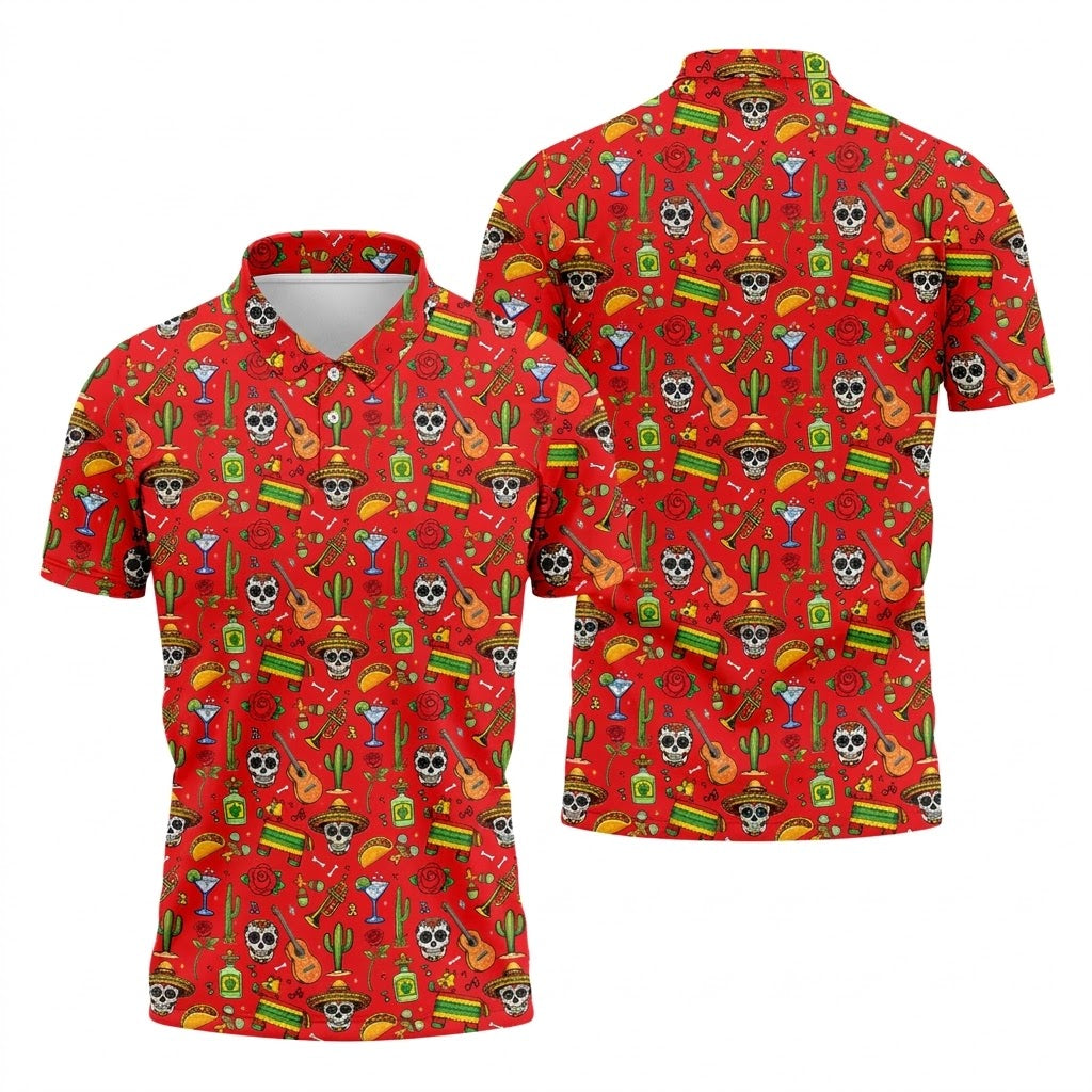 Decorated Skulls Party Items Cinco De Mayo Celebration Fiesta Themed Red Golf Shirts For Men