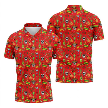Decorated Skulls Party Items Cinco De Mayo Celebration Fiesta Themed Red Golf Shirts For Men