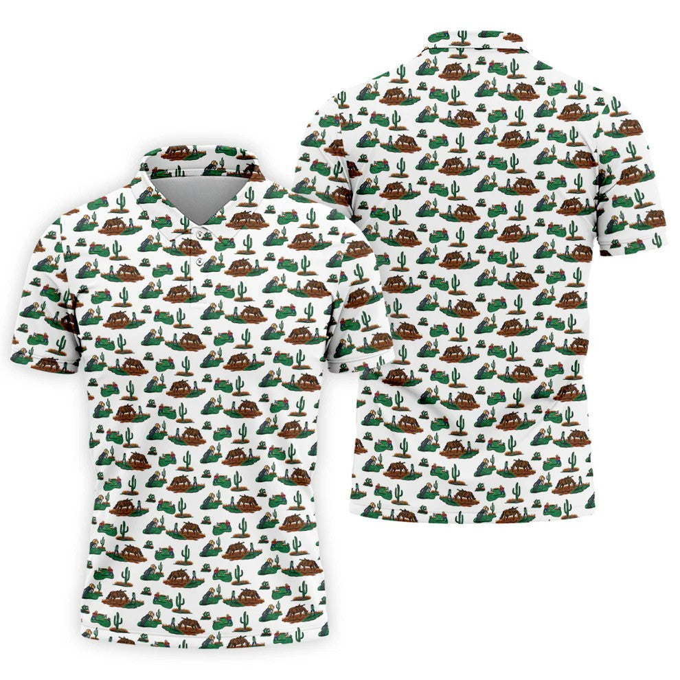 Western Golf Course Pattern Polo Shirt, Printed Golf Shirts, Golf Polo Shirts For Men