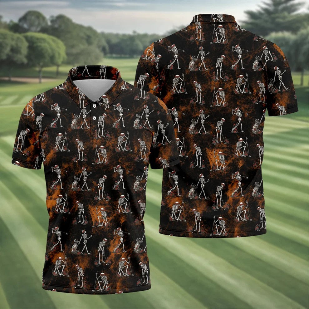 Skeleton Golfer Floral Halloween Polo Shirt, Hawaiian Golf Shirt, Mens Golf Shirts