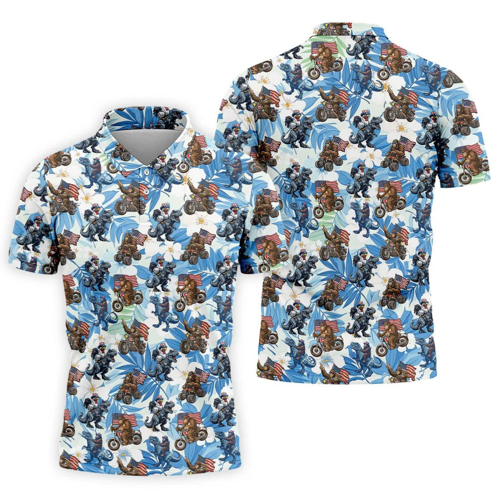Patriotic Bald Eagle Funny T-Rex Bigfoot Hawaiian Golf Shirt, 250 Years 4th Of July Golf Shirts For Men