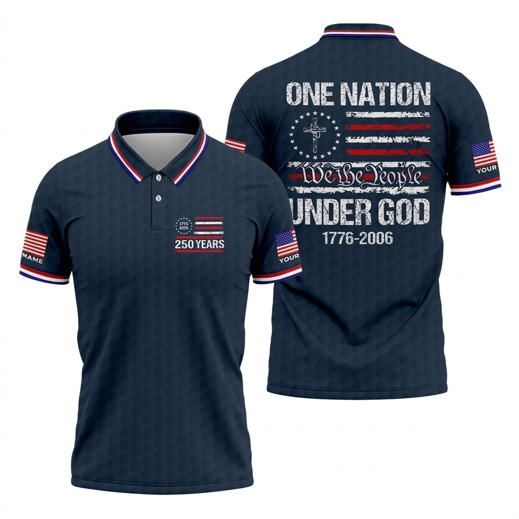 One Nation Under God We The People Navy Golf Shirt, 250 Years 4th Of July Golf Shirts For Men