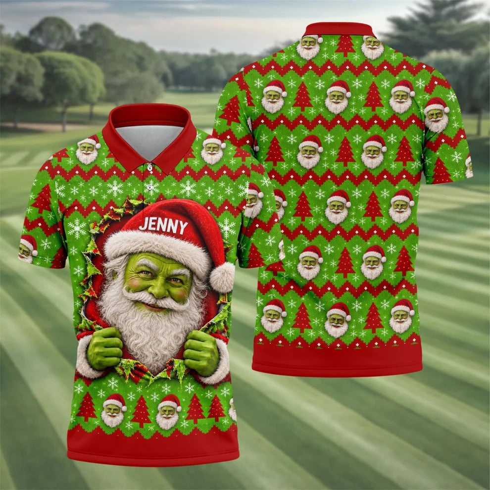 Custom Name Green Santa Christmas Golf Shirt, Golf Gifts For Men, Golf Polo For Men