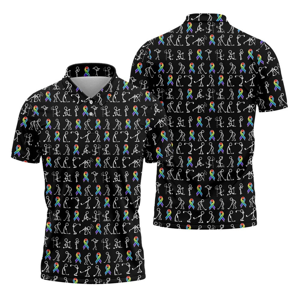 Rainbow Cancer Ribbon Stick Figure Golf Pattern Shirt, Printed Golf Shirts, Polo Shirts For Men