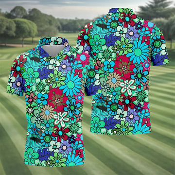 Blue Green Retro Flower Power Golf Shirt, Mens Golf Shirts, Hawaiian Golf Shirt, Golf Shirts For Men
