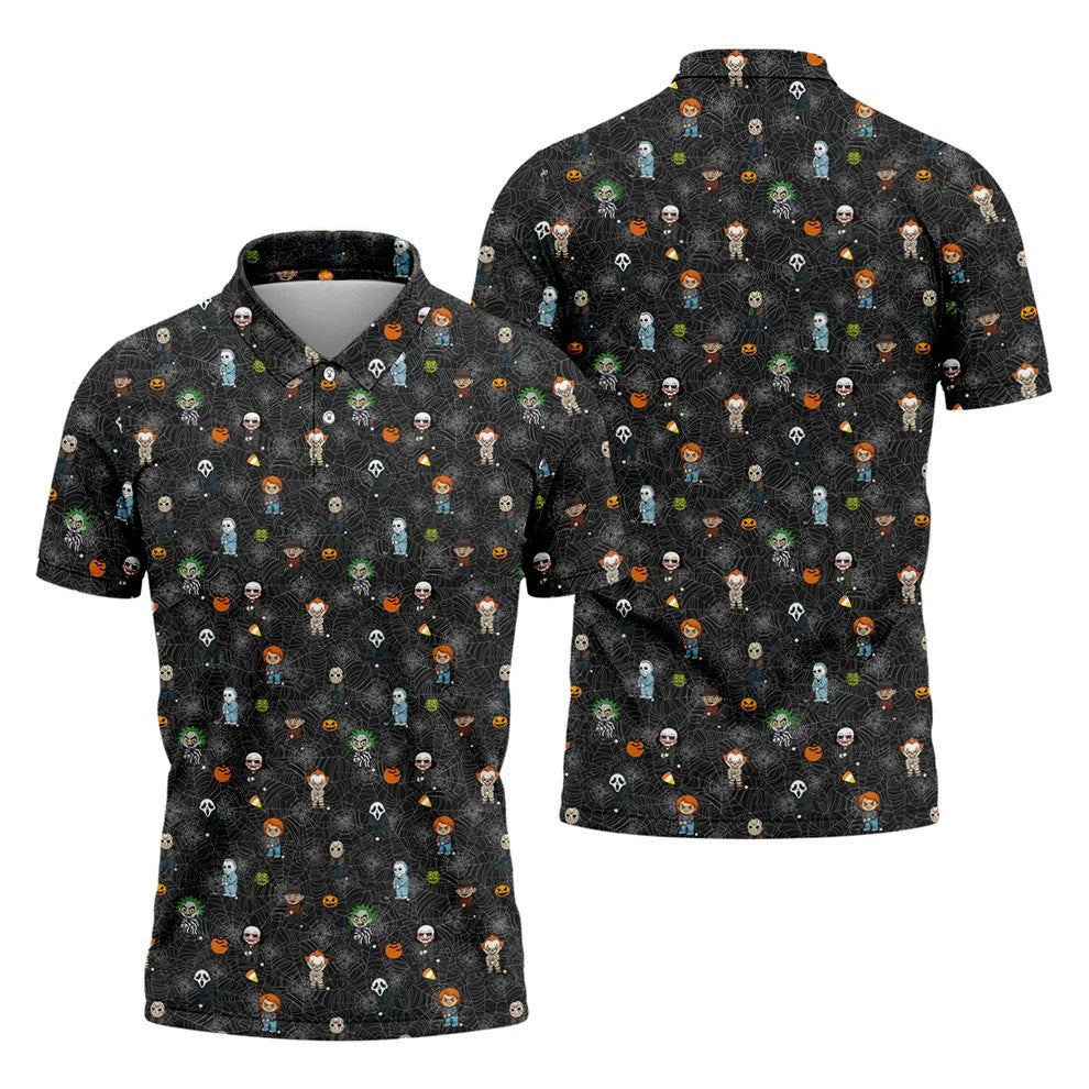 Funny Horror Character Black Golf Polo Shirt Horror Movie Shirt, Halloween Golf Shirt, Fun Golf Polos For Men