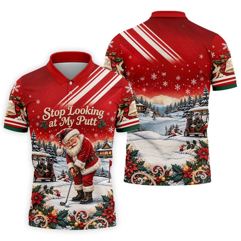 Red Stripe Santa Putt Christmas Golf Polo, Mens Golf Shirts, Hawaiian Golf Shirt