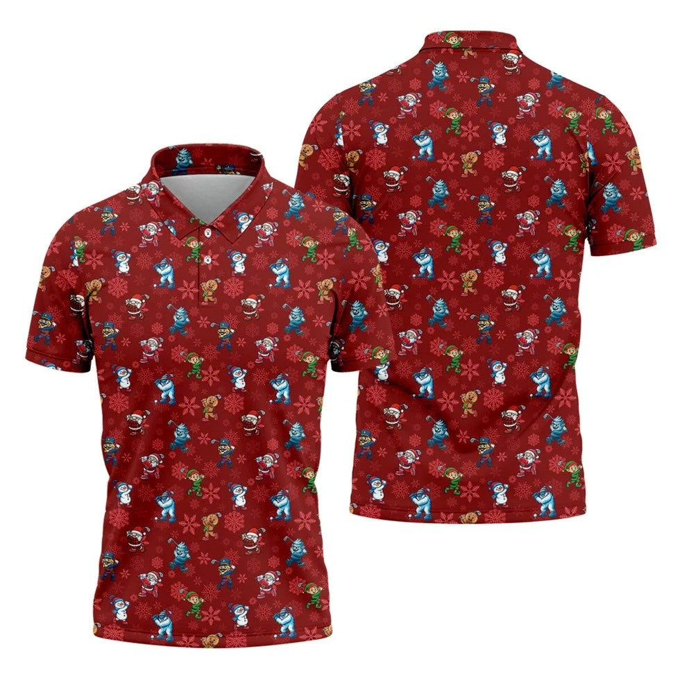 Funny Christmas Characters Golf Pose Red Golf Shirt, Christmas Golf Shirt, Polo Shirts For Men