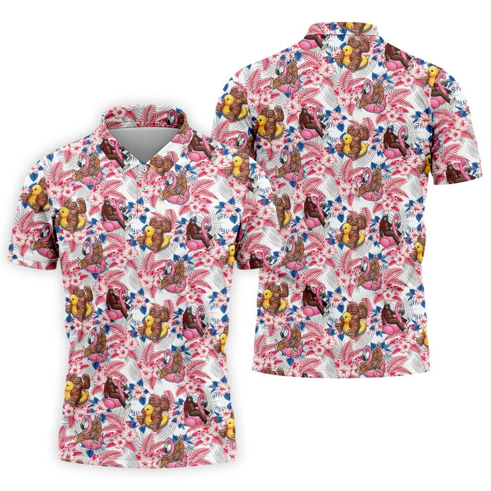 Funny Bigfoot Pool Party Hawaiian Golf Shirt, Red White Blue Tropical Flamingo Golf Shirts For Men