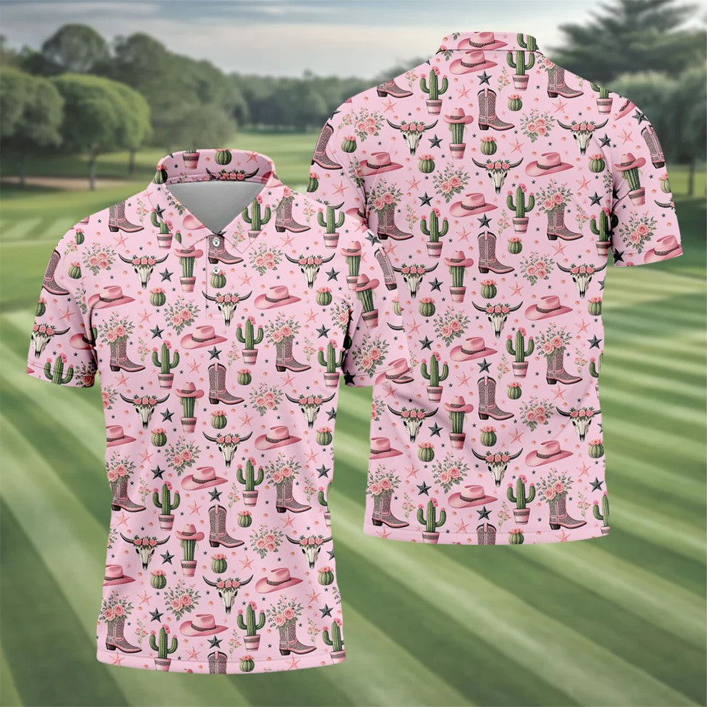 Pink Western Boots Roses Cactus Pattern Hawaiian Golf Shirt, Printed Golf Shirts, Mens Golf Apparel