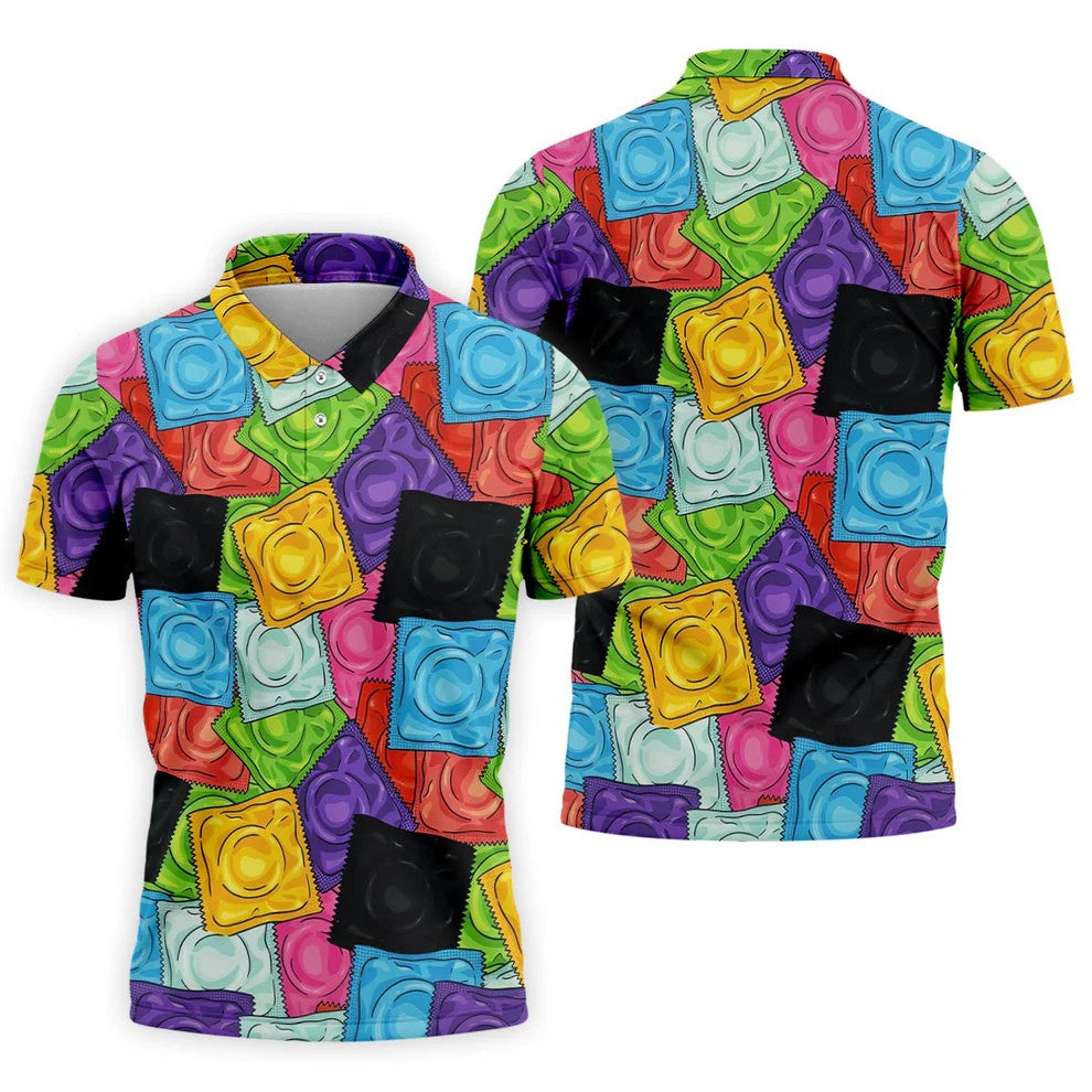Funny Condom Wrapper Pattern Golf Polo Shirt, Men's Golf Shirts, Novelty Golf Apparel For Men