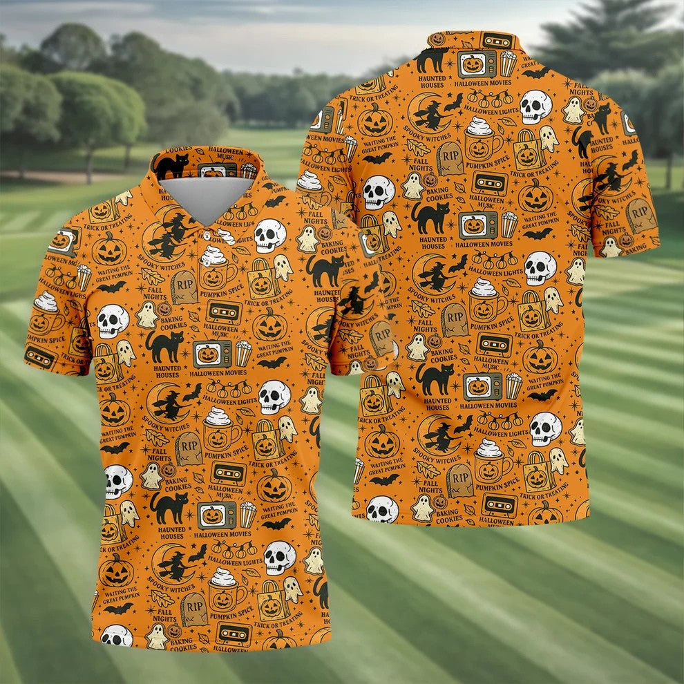 Orange Halloween Cat Golf Polo Shirt Halloween Theme Shirts, Mens Golf Polo Shirt Golfing Apparel