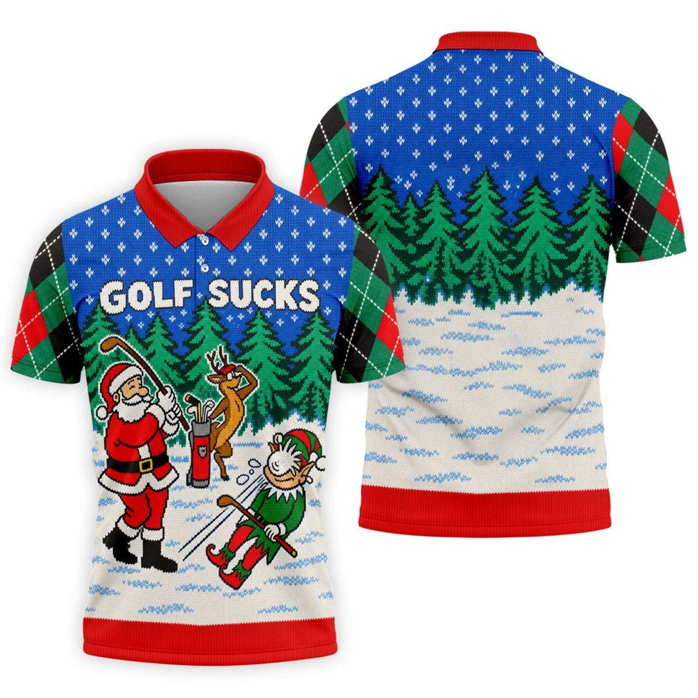 Golf Sucks Santa Christmas Golf Shirt, Mens Golf Shirts, Mens Holiday Golf Shirts