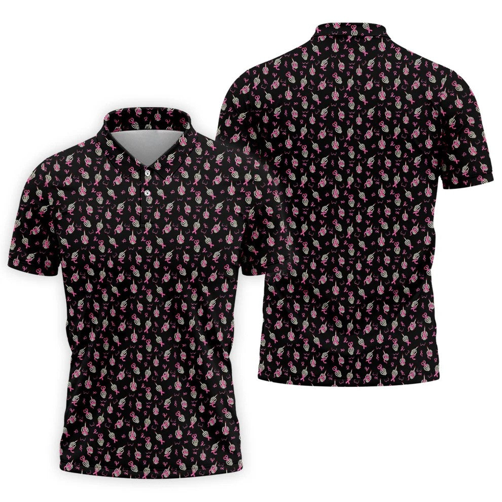 Skeleton Middle Finger Breast Cancer Polo Shirt, Polo Shirts For Men, Mens Golf Apparel