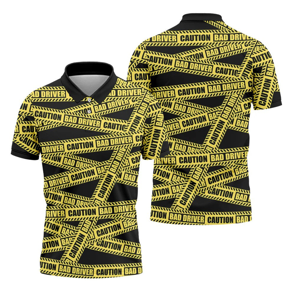 Funny Bad Driver Caution Tape Golf Polo Shirt, Golf Shirts For Men, Printed Golf Shirts