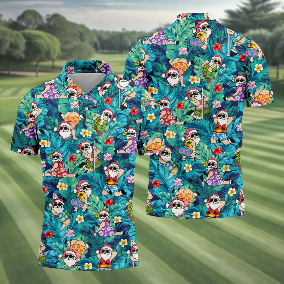 Funny Hula Santa Christmas Golf Shirt, Men's Golf Shirt, Hawaiian Golf Shirt, Printed Golf Shirts