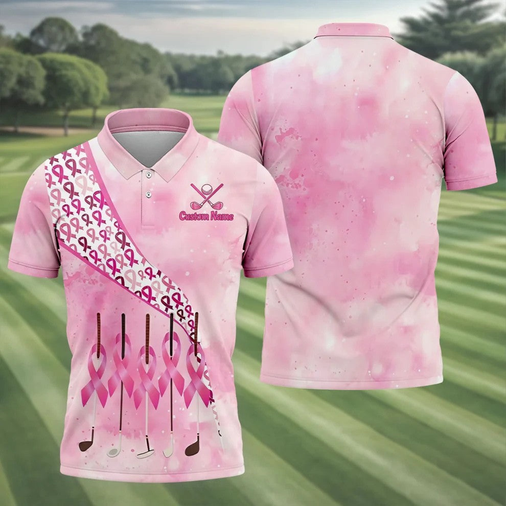 Custom Golf Club Breast Cancer Ribbon Polo Shirt, Mens Golf Shirts, Polo Shirts For Men