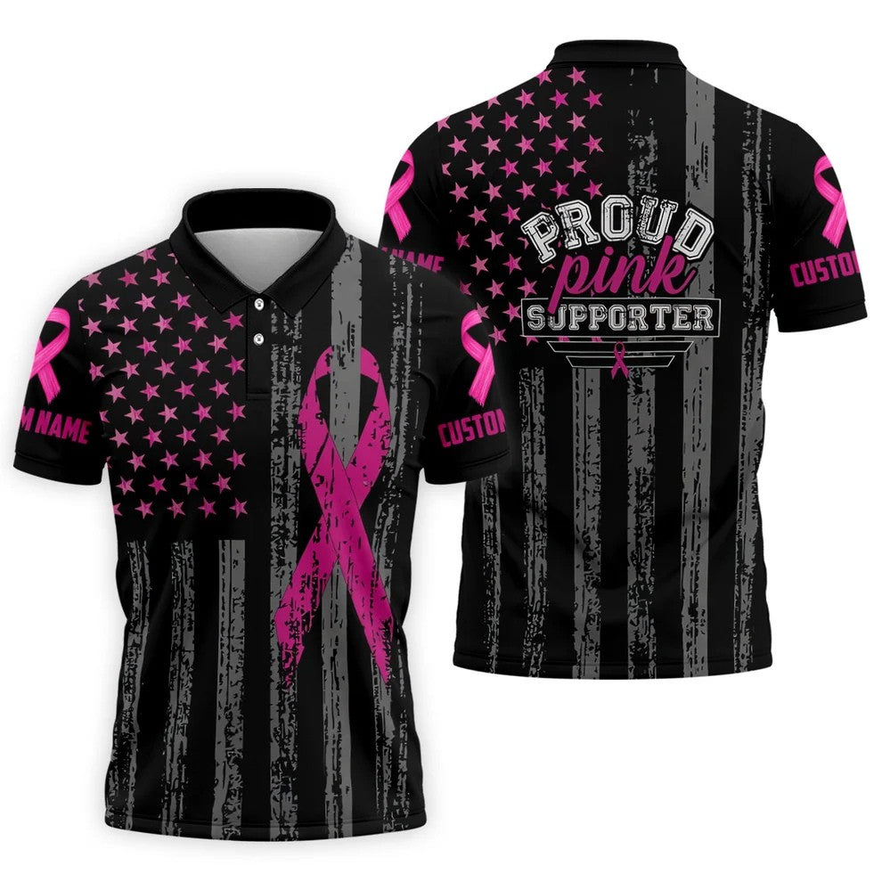 Custom Proud Pink Supporter Breast Cancer Men Polo Shirt, Mens Golf Polo, Awareness Golf Shirts