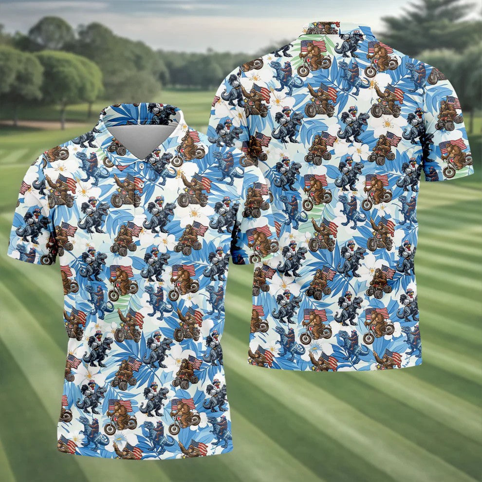 Patriotic Bald Eagle Funny T-Rex Bigfoot Hawaiian Golf Shirt, 250 Years 4th Of July Golf Shirts For Men