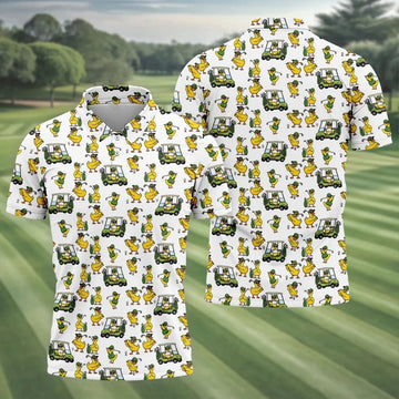 Funny Golfing Duck And Golf Cart Pattern Polo Shirt, Mens Golf Polo, Golf Shirts For Men