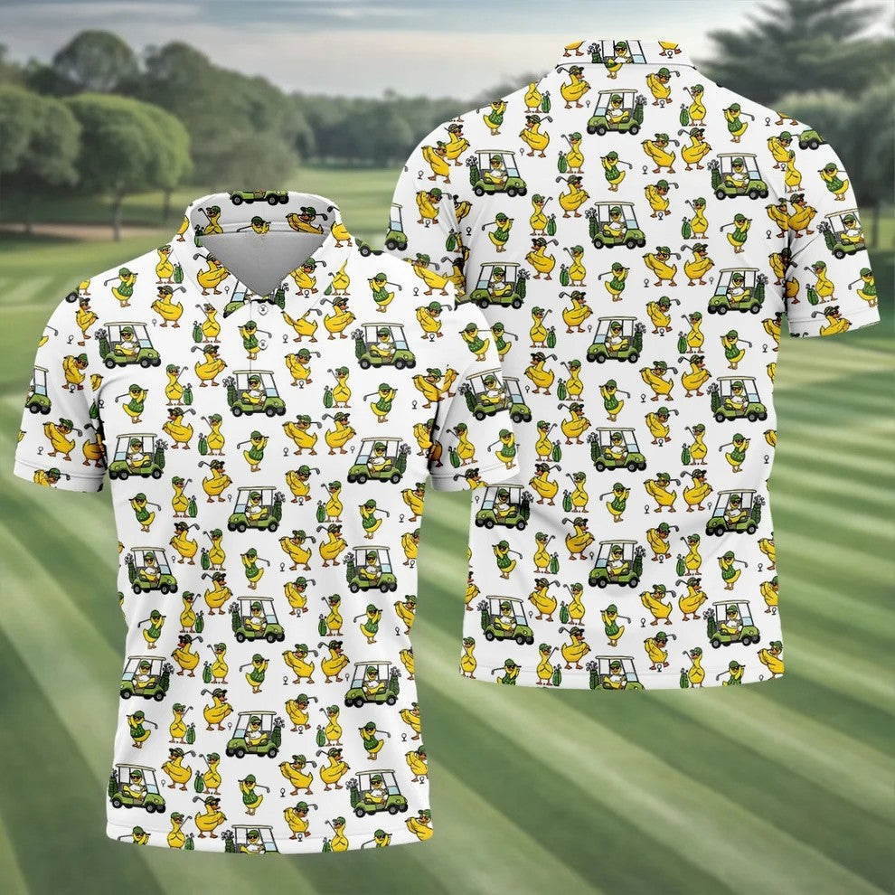 Funny Golfing Duck And Golf Cart Pattern Polo Shirt, Mens Golf Polo, Golf Shirts For Men